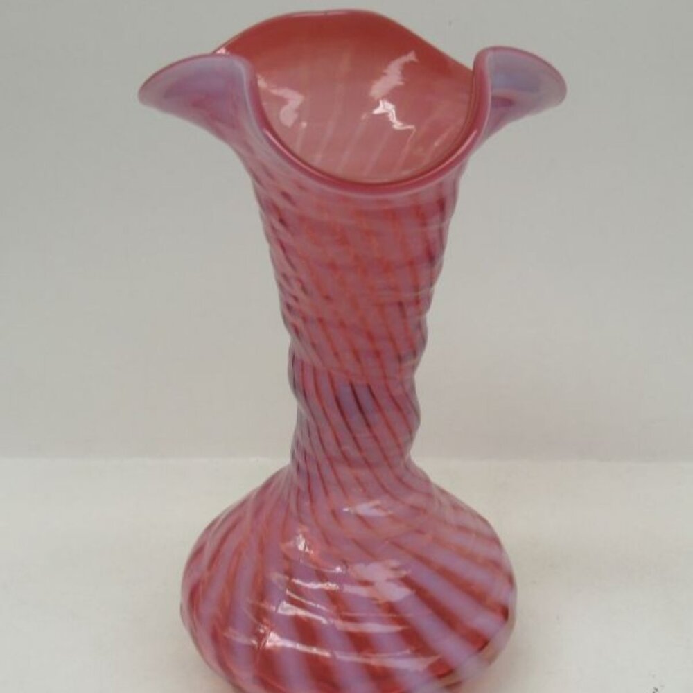 Fenton Art Glass Cranberry Opalescent SPIRAL OPTIC 7 1/2 Inch Ruffled Top Vase